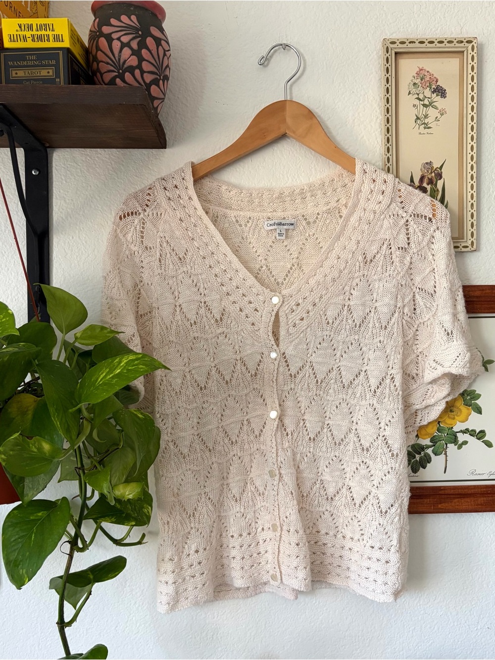 Vtg Pointelle Crochet Cream Openwork Button-Front Cardigan Croft & Borrow Large
